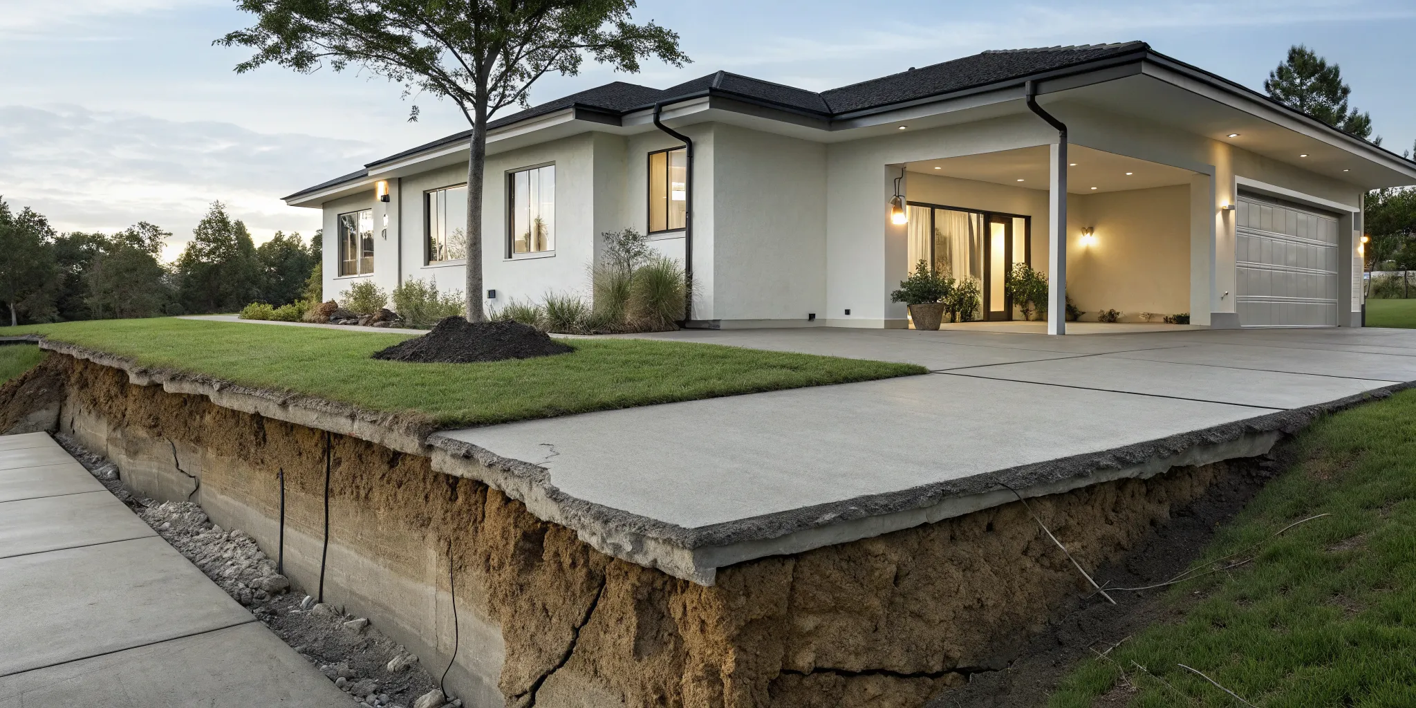 A damaged concrete slab foundation with large cracks requiring professional repair.